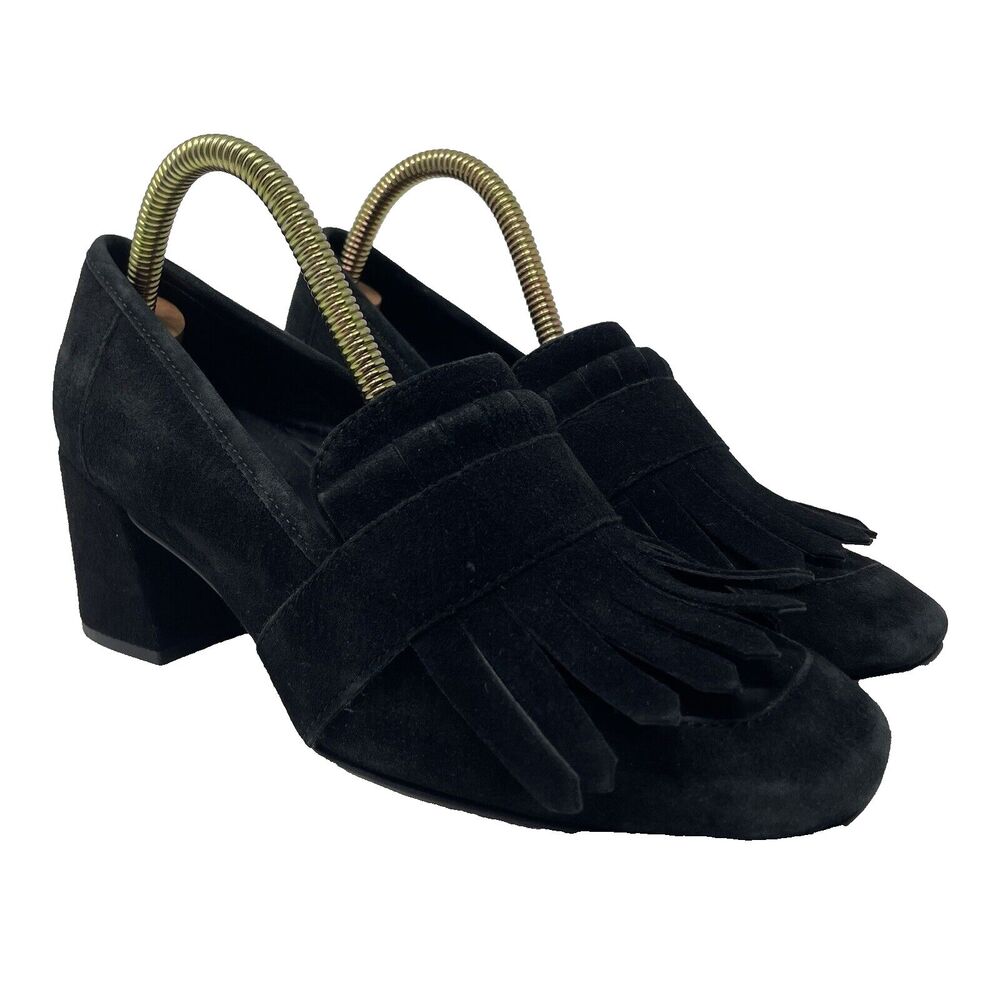 Kenneth Cole Macey Black Suede Pumps Square Toe Block Heeled Kiltie Size 7.5